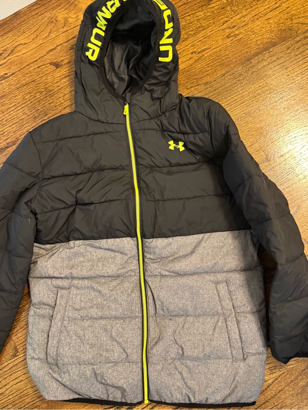 Under Armour Kids Black & Gray Puffer Jacket with Yellow Trim